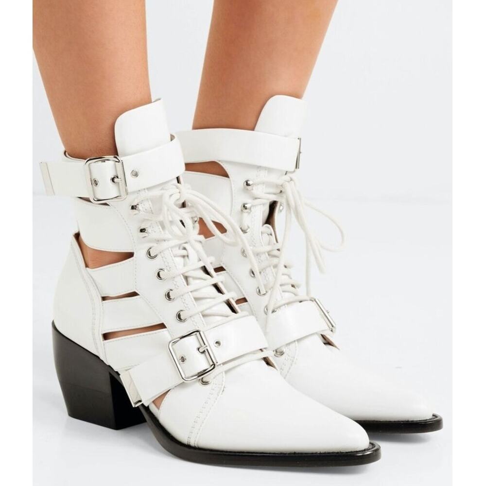 Chloe Rylee Boots‎ White Leather Cutout Lace Up Pointed Toe Ankle Sz 38 / 8